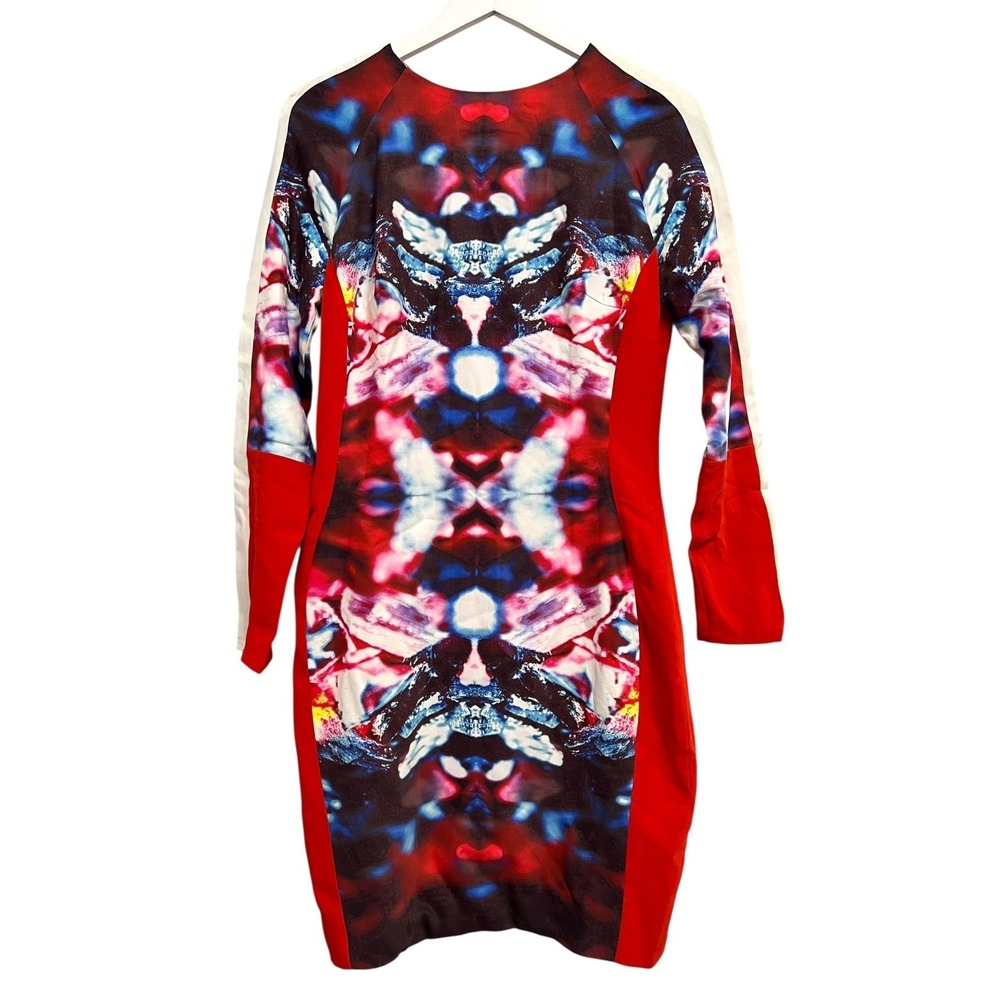 Celeb Boutique Red Bodycon Dress Size L Kaleidoscope Print Long Sleeve Zip Back‎